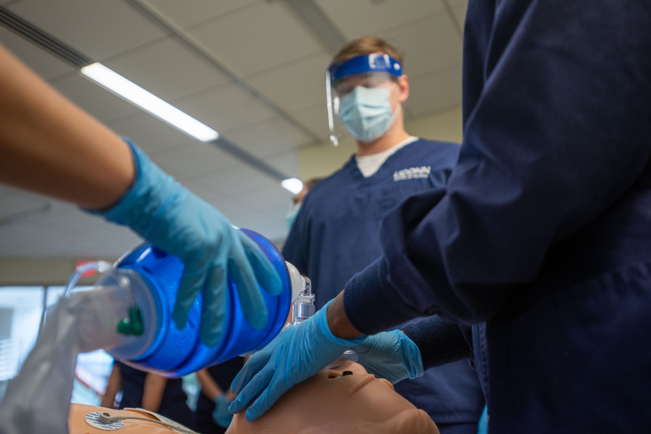 Students performing CPR in a School of Nursing Simulation Lab on April 2, 2021. (Sean Flynn/UConn Photo)