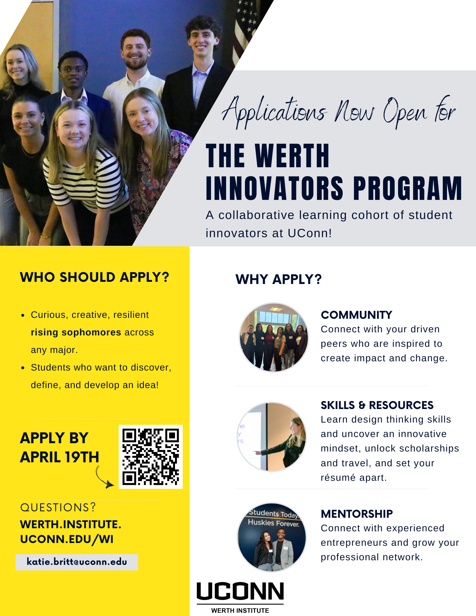 Promotional poster for the Werth Innovators Program Spring 2026 application, highlighting opportunities for rising sophomores at UConn to develop entrepreneurial ideas through mentorship, community, and hands-on experience.