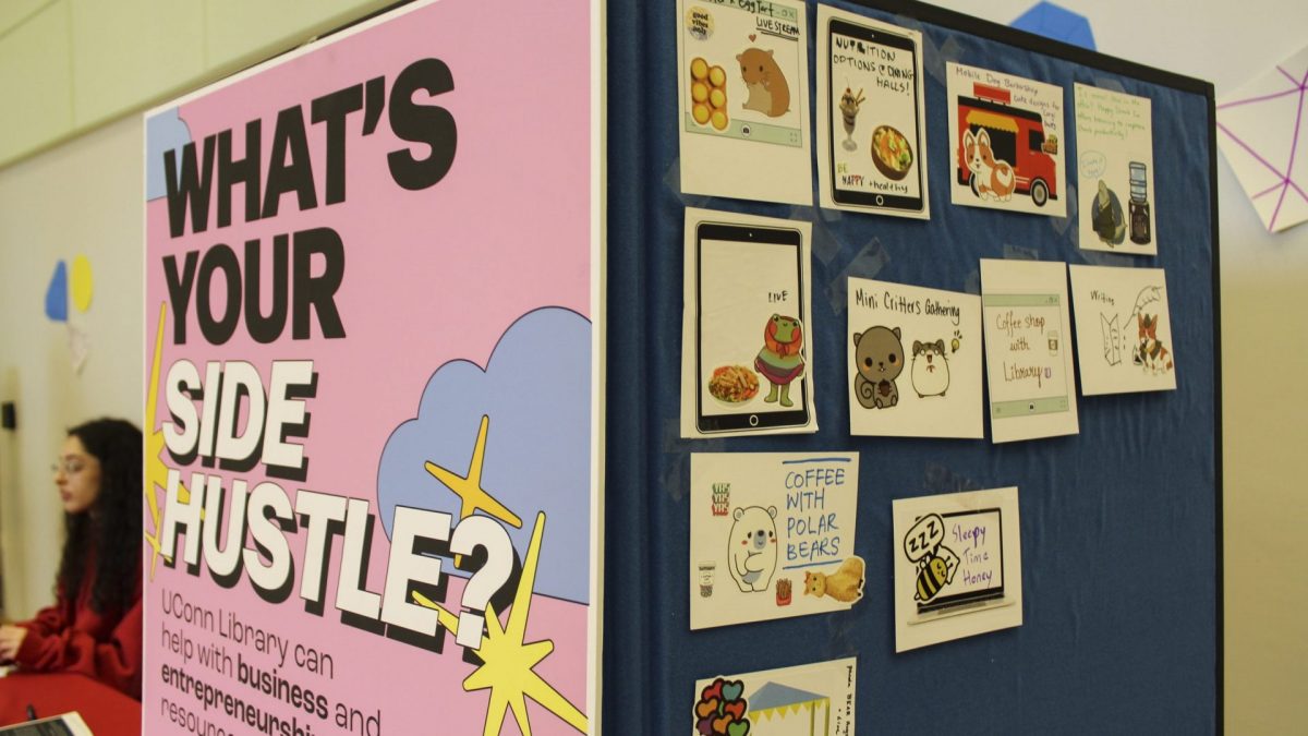 An advertisement titled 'WHAT'S YOUR SIDE HUSTLE?' alongside some art drawn by Innovation Expo attendees