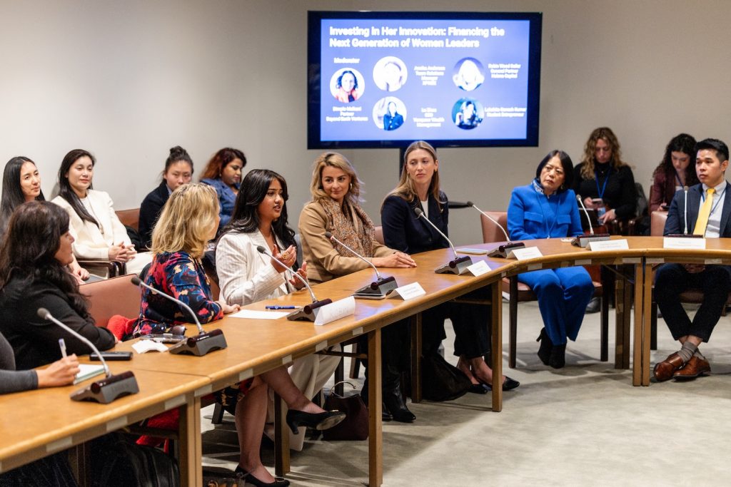 UN PRME Commission on the Status of Women Panel event “Investing in Her Innovation: Financing the Next Generation of Women Leaders” with panelists Lu Zhou (Vanquour Wealth Management), Annika Anderson (XPRIZE Healthspan), Robin Wood Sailer (Helena Capital), Lakshita Ganesh Kumar (University of Connecticut) and moderator Jessica Dow (PWC). (Photo courtesy of PRME / Joel S Photo LLCp)